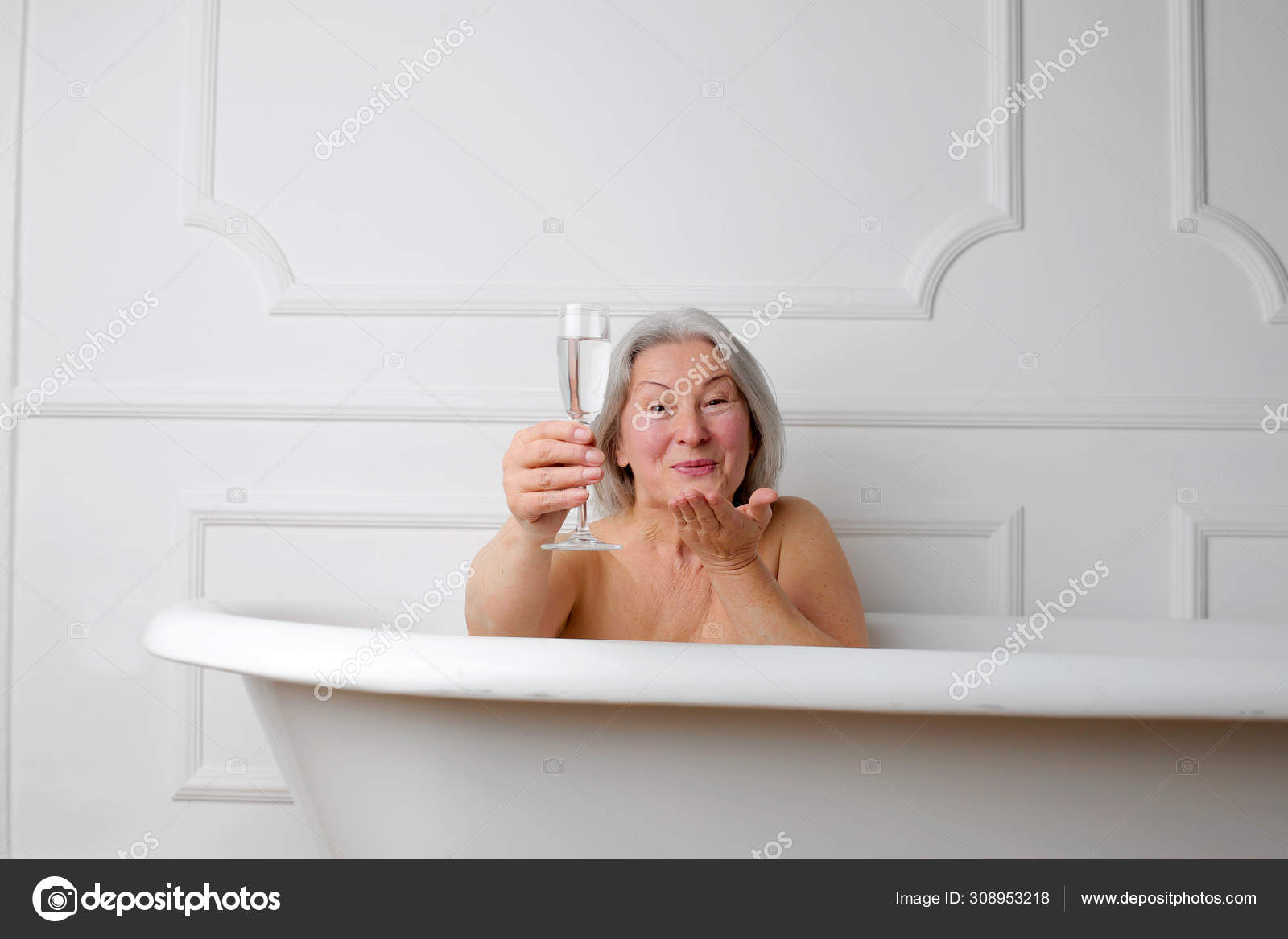 Granny Drinking Wine Bathtub — Stock Photo © olly18 308953218