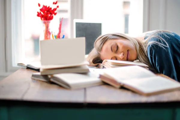 Tired Girl Sleeping Books — Stock Photo, Image