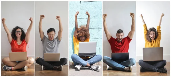 Différentes Personnes Avec Ordinateur Portable Sont Exultants Même Manière — Photo