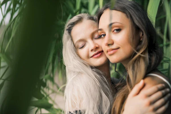 Twee Lieve Vrienden Achter Bladeren — Stockfoto