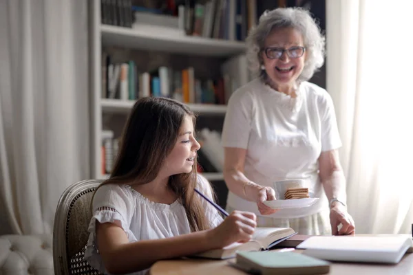 Granny Nephew Homework — Stock Photo, Image