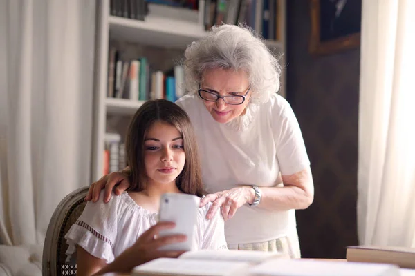 奶奶和小侄女在手机的莎莎 — 图库照片