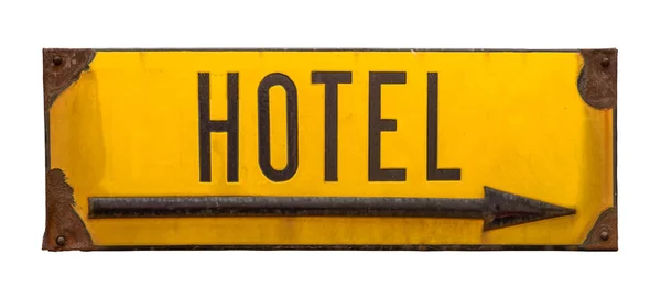孤立的乡村生锈的街道标志的一个白色背景箭头的酒店 — 图库照片