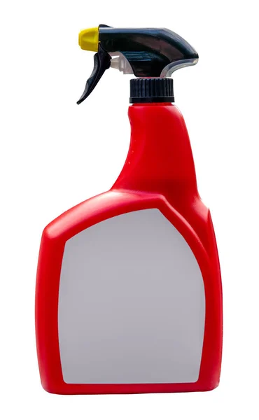 Isolated Red Plastic Spray Bottle Blank Label Your Text White — Stock Photo, Image