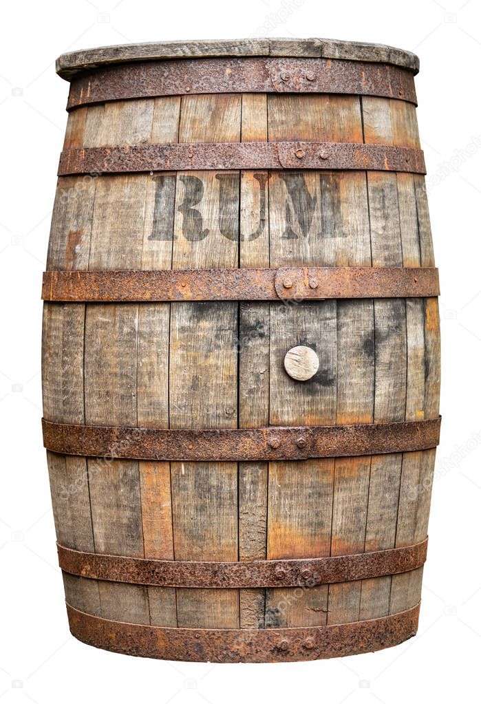 An Isolated Rustic Old Barrel Or Cask Of Rum On A White Background