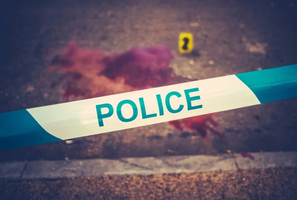 Police Tape Scene Violent Bloody Crime Yellow Evidence Marker — Stock Photo, Image