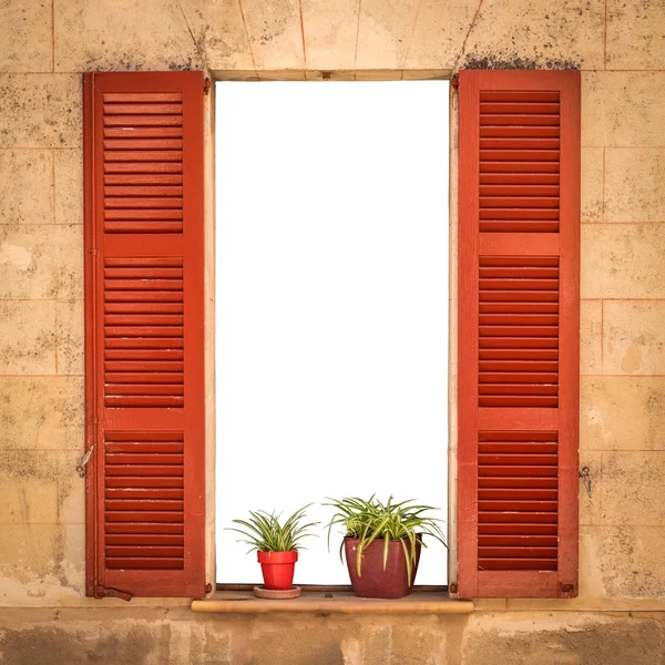 Open Villa Window Red Shutters Isolated Space Text — стоковое фото