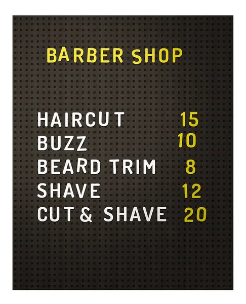 Isolated Retro Vintage Black Peg Board Barber Shop Prices White — Stock Photo, Image