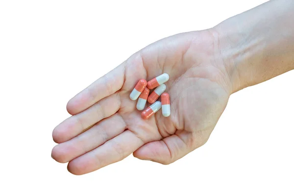 Imagen Aislada Del Cuidado Salud Píldoras Tabletas Cápsulas Mano Una — Foto de Stock
