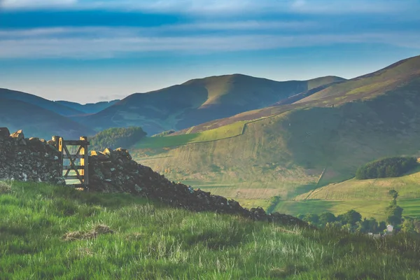Шотландский пейзаж с сухой каменной стеной — стоковое фото