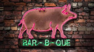 Yanıp sönen Neon Rustik Eski Neon Domuz Burcu Için Bir Bar-B-Que (Barbekü Veya Barbekü) Diner