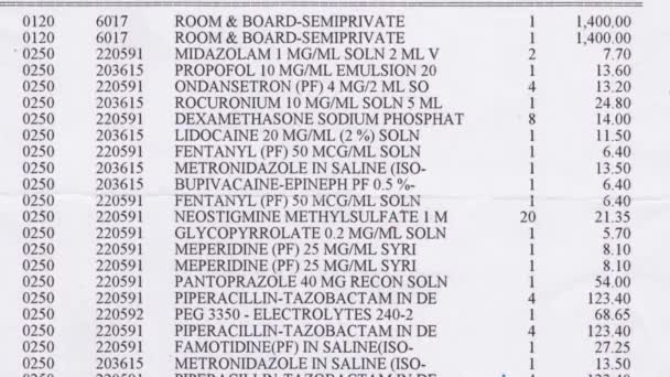 Cámara Panorámica Sobre Una Larga Costosa Factura Del Hospital — Vídeo de stock