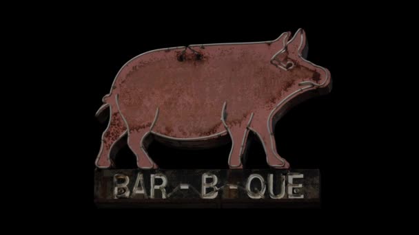 孤立したループフラッシングネオンロシアの古いネオン豚バーベキュー Bbq の看板ディナー — ストック動画