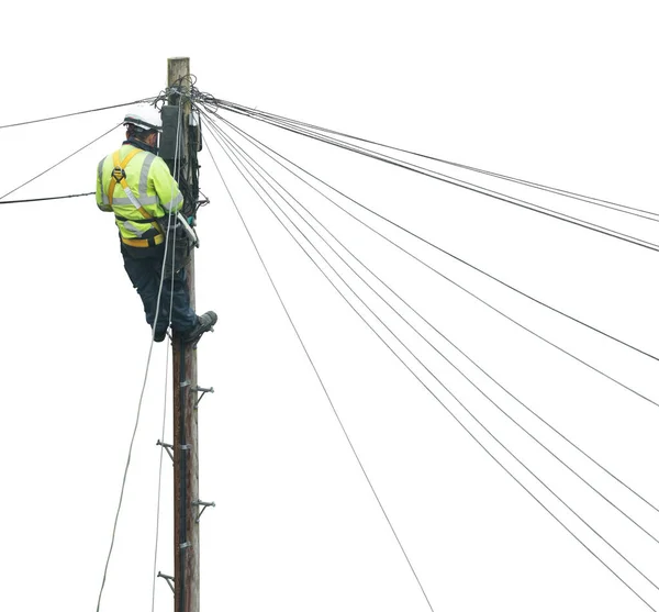 Lineman Isolato Lineworker Ingegnere Fissaggio Una Linea Telefonica — Foto Stock