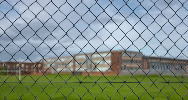 Typical High School Building Sports Field Cloudy Sky Focus Security — Stock Photo, Image