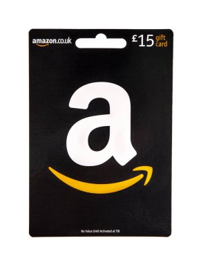 Swindon, İngiltere - 27 Haziran 2018: Amazon hediye kartı beyaz bir arka plan üzerinde
