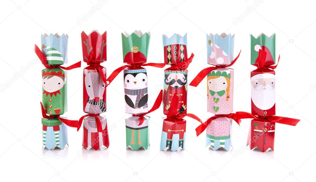 Selection of Christmas crackers on a white background