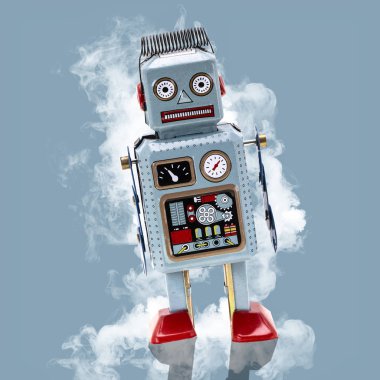 Retro Tin Robot duman ile mavi bir arka plan üzerinde
