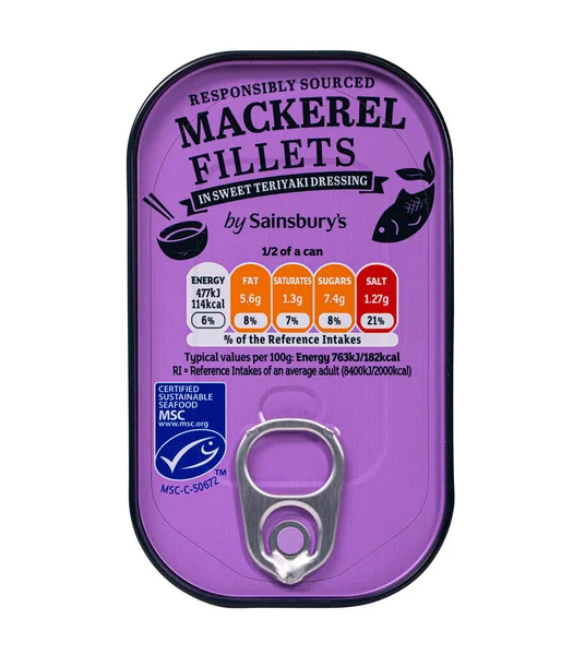 Swindon June 2020 Tin Sainsburys Mackerel Fillets Sweet Teriyaki Dressing — Stock Photo, Image