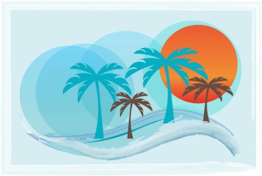 Tropical island vector illustration with sun, waves, sea and palm trees vector