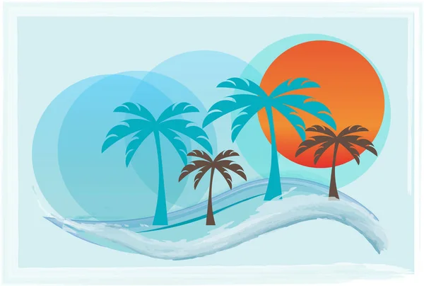 Vektor Pulau Tropis Dengan Ilustrasi Matahari Gelombang Laut Dan Pohon - Stok Vektor