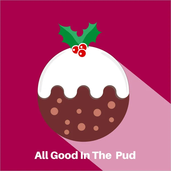 All Good Pud Christmas Pudding Holly Red Berrys Flat Vector — Stock Vector