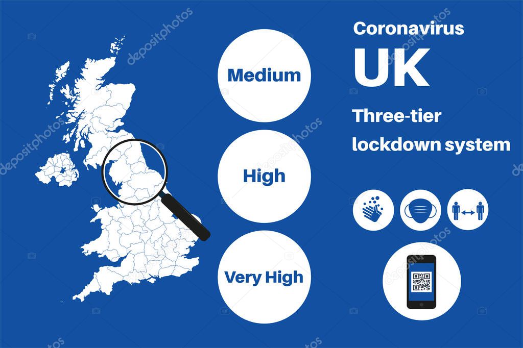UK Local Lockdown Three tier system vector Infographic on a blue background.
