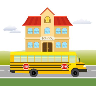 otobüs ve okul binasıyla karikatür çizimi