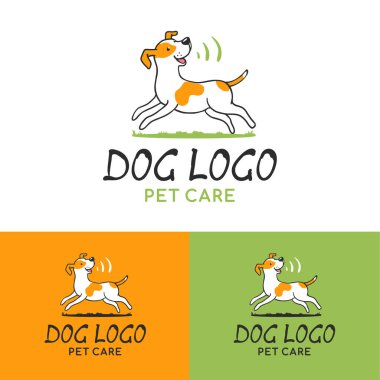 Çizgi film köpek logosu yeşil çimenler üzerinde renk varyasyonlarıyla çalışıyor