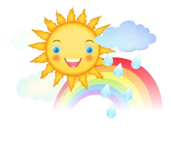 Personaje Sonriente Del Sol Dibujos Animados Con Arco Iris Gotas — Vector de stock