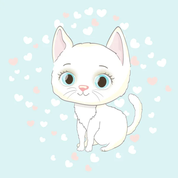 Schattig Wit Katje Achtergrond Met Hartjes Cartoon Vector Illustratie — Stockvector