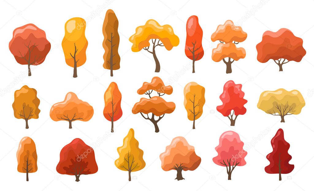 set of cartoon autumn trees on white. colorful orange, red, pink and brown trees. vector illustration