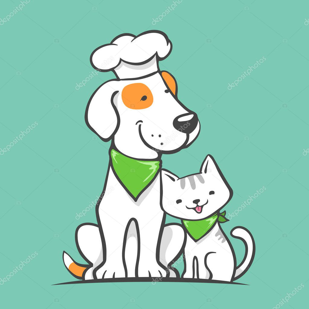 Smiling kitten and dog with chef cap as pet food logo illustration. vector