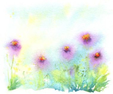 Çiçekler, çimenler ve gökyüzü ile soyut bir selamlama arkaplanı. el boyaması illüstrasyon