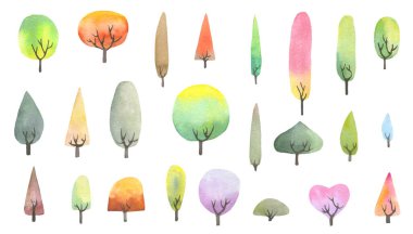 Bir dizi suluboya çizgi film ağacı. çocuksu el çizimi resimleme