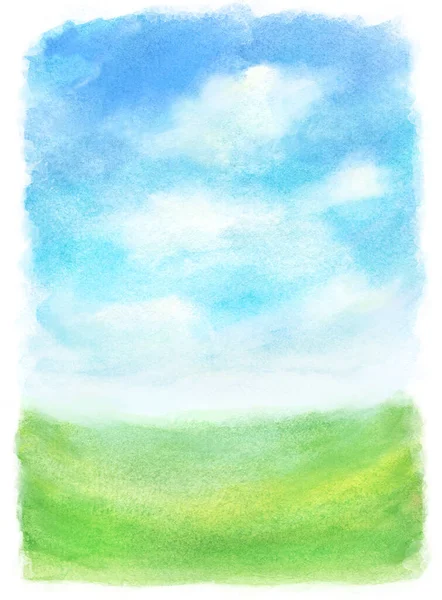 Aquarel Abstract Landschap Met Wolken Blauwe Lucht Groen Gras Handgeschilderde — Stockfoto