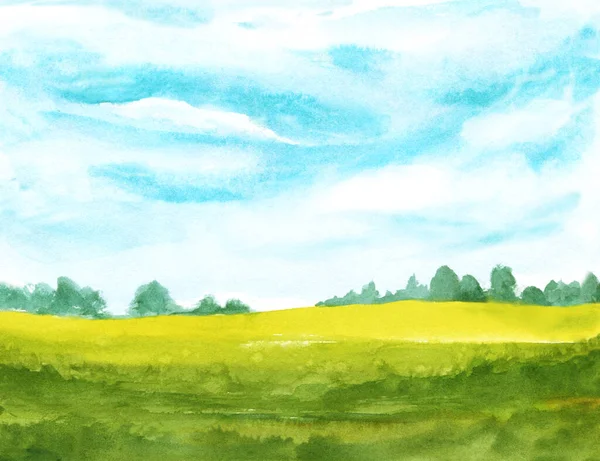 Akvarell Absztrakt Táj Felhőkkel Kék Égen Zöld Fűvel Kézzel Festett — Stock Fotó