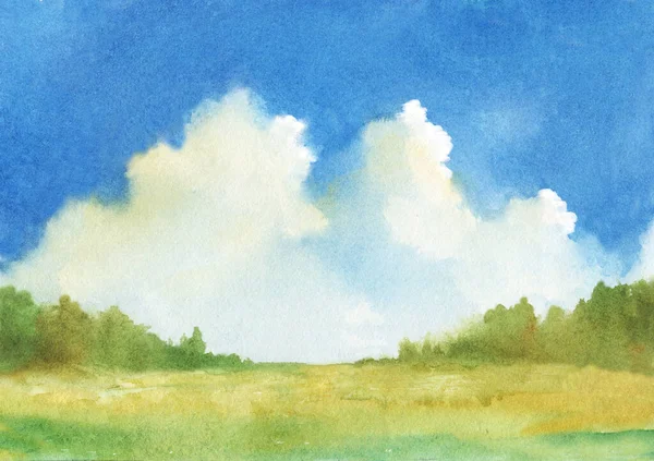 Watercolor Abstract Summer Countryside Landscape Cumulus Clouds Field Distant Trees — Stock Photo, Image