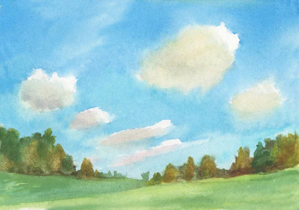 Akvarell Táj Absztrakt Bolyhos Felhőkkel Fákkal Zöld Fűvel Kézzel Festett — Stock Fotó