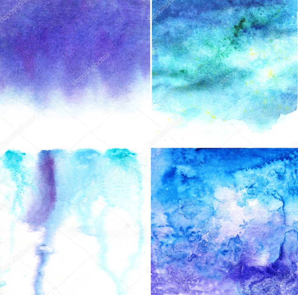 set of watercolor abstract backgrounds with various textures. blue, purple, violet and turquoise colors