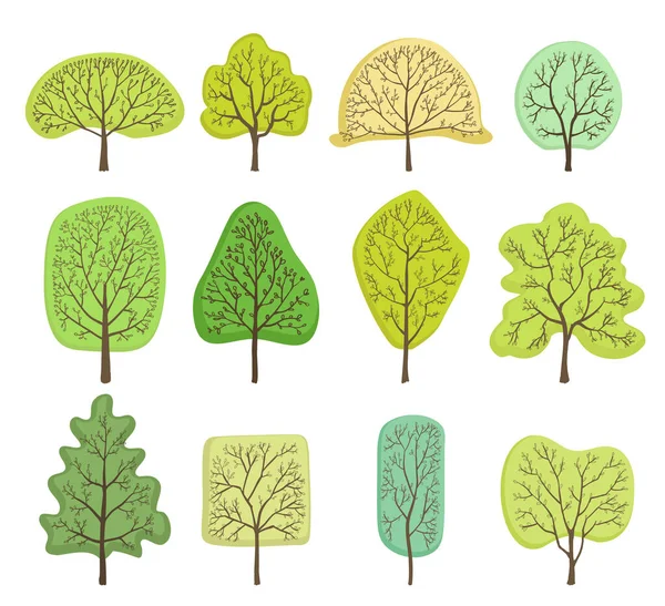 Ensemble Dessins Arbres Sur Blanc Avec Différentes Formes Illustration Vectorielle — Image vectorielle