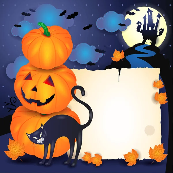 Halloween Kort Med Pergament Och Katt Med Pumpor Och Slottet — Stock vektor