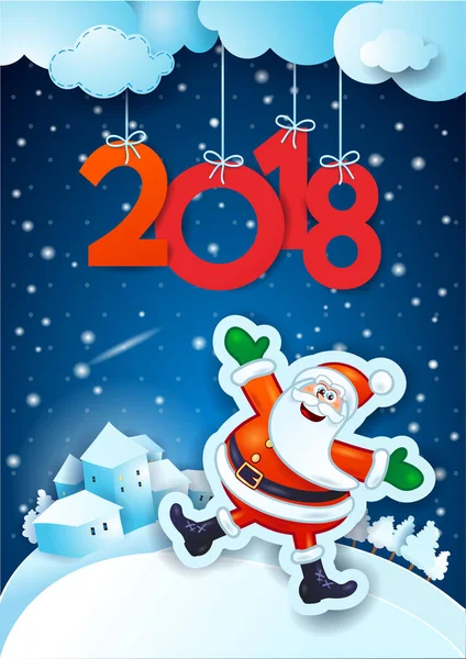 Nowy Rok Karty Happy Santa Snowy Łąka Domów Tle Wektor — Wektor stockowy