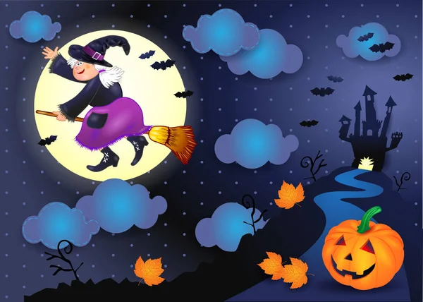 Biglietto Auguri Halloween Con Vecchia Strega Che Vola Sulla Scopa — Vettoriale Stock