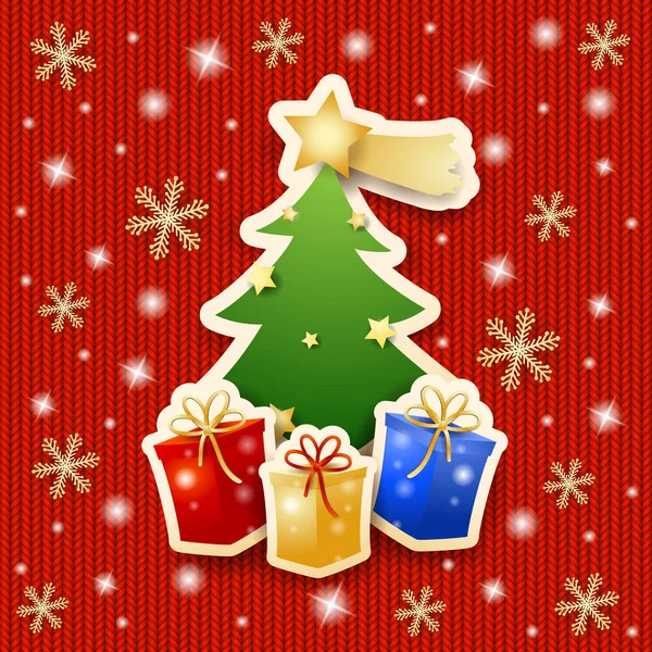 Arbre Noël Avec Cadeaux Sur Fond Tricoté Vecteur Illustration — Image vectorielle