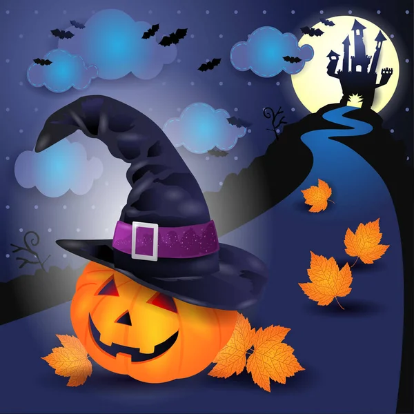 Halloween Kartu Velké Dýně Čarodějnice Klobouk Podzim Listy Poblíž Hradu — Stockový vektor