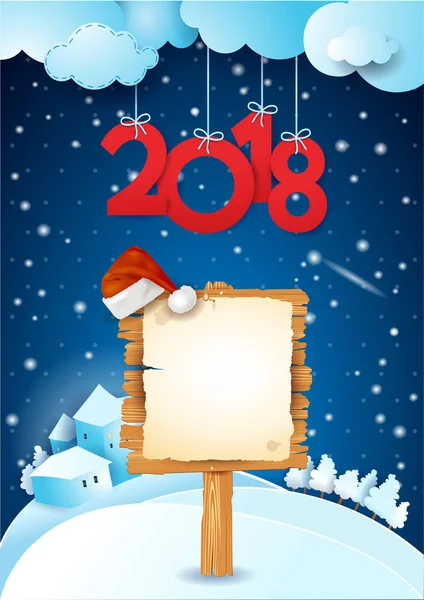 Carte Nouvel Avec Chapeau Père Noël Sur Panneau Bois Inscription — Image vectorielle