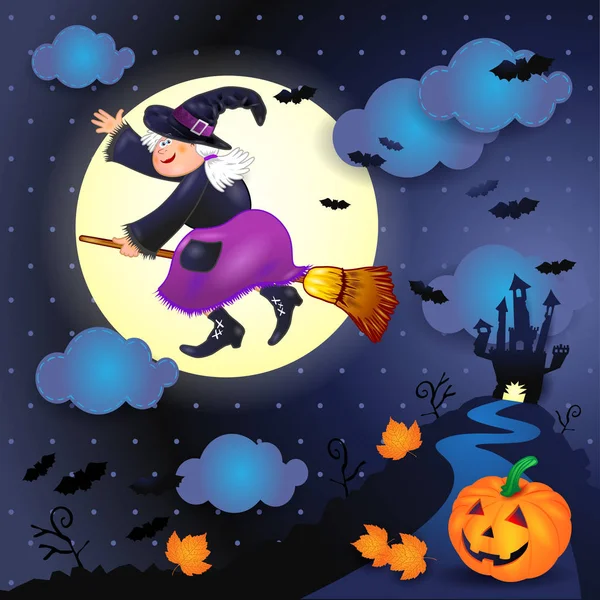 Přání Halloween Stará Čarodějnice Létající Koštěti Nad Hradem Dýně Noci — Stockový vektor