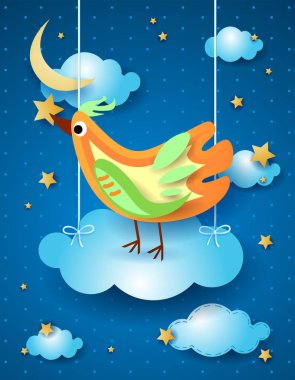 Bulut asılı üzerinde kuş ile gerçeküstü gece ve vektör çizim 