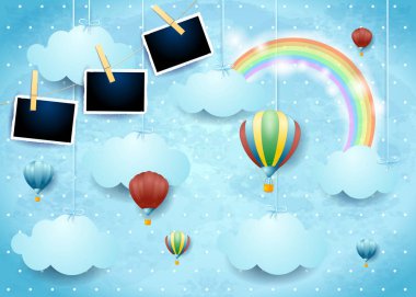 Sıcak hava balonları ve fotoğraf çerçeveleri ile gerçeküstü gökyüzü. Vektör çizim 